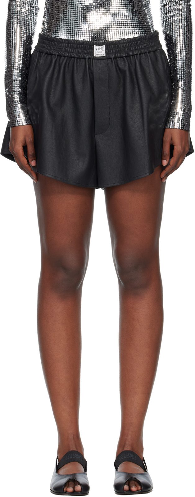 Black Logo Patch Faux-Leather Shorts 261188F088003