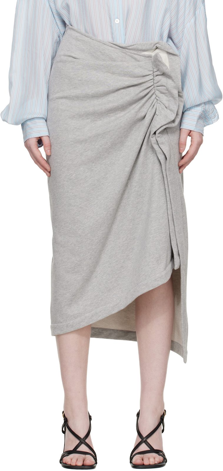 Gray Ruffled Cotton Midi Skirt 261358F092002