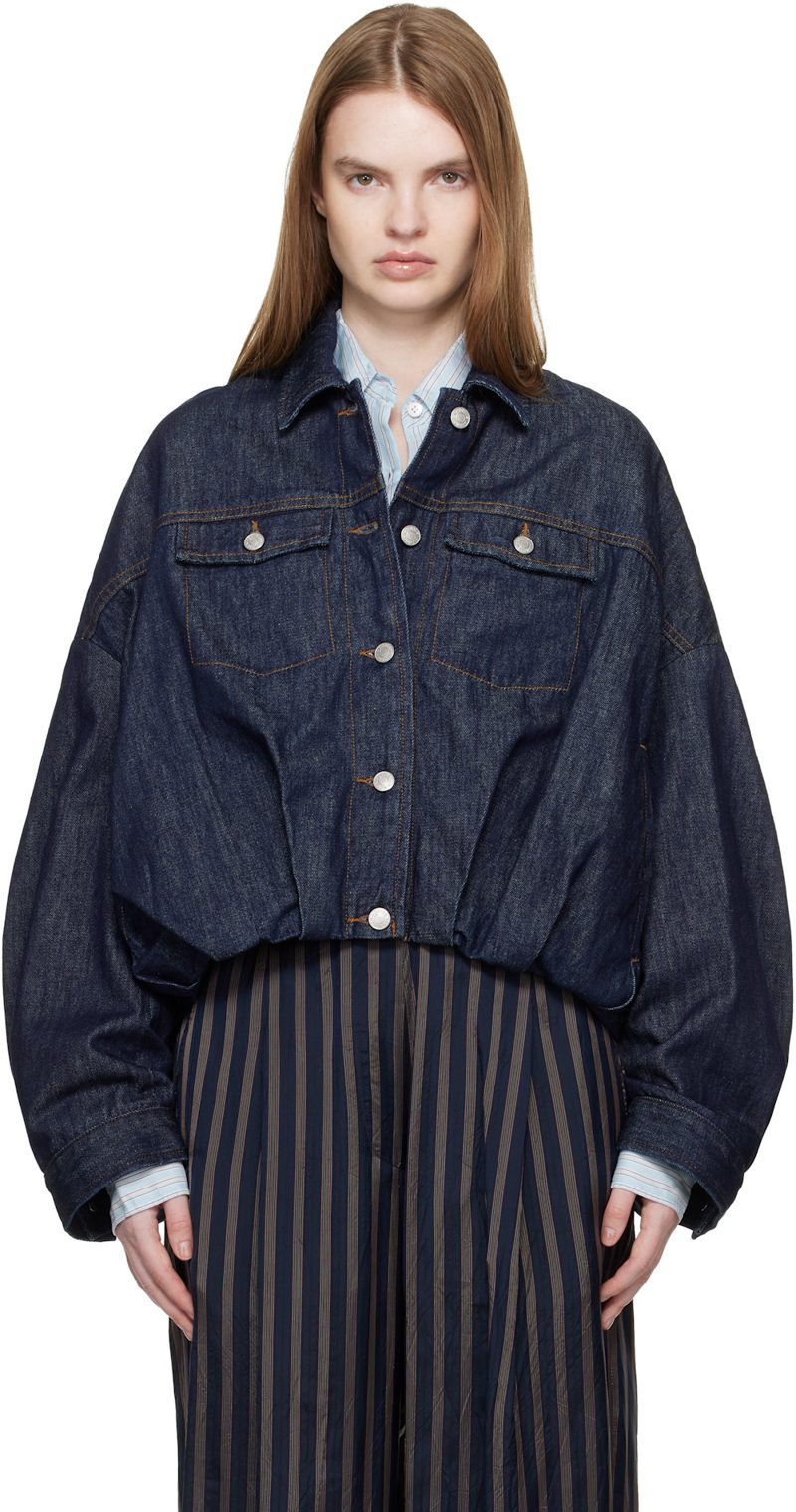 Navy Bubble Hem Denim Jacket 261358F060000