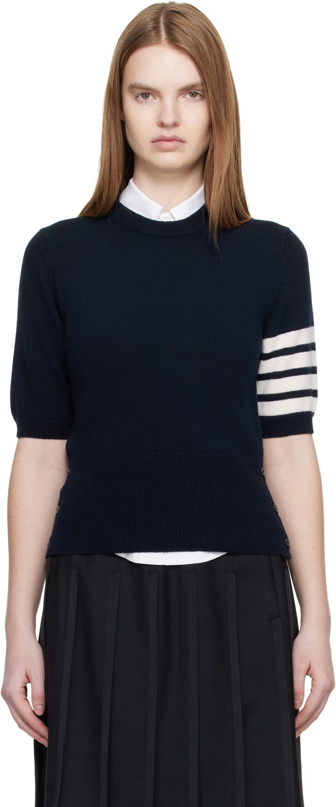 Navy Jersey Intarsia Classic Fit 4-Bar T-shirt 261381F110000