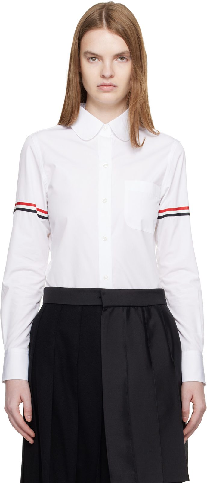 White Poplin Armbands Classic Round Collar Shirt 261381F109006