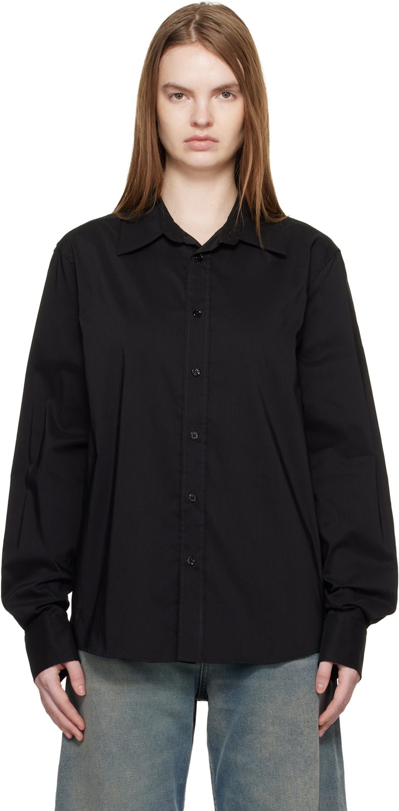 Black Poly Cotton Shirting Long-Sleeved Shirt 261188F109020