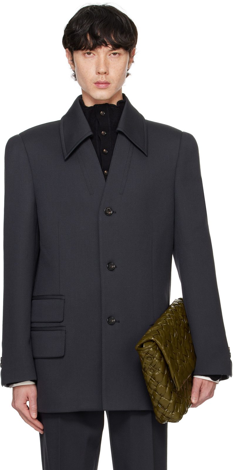Gray Wool Stretch Tricotine Blazer 242798M195004