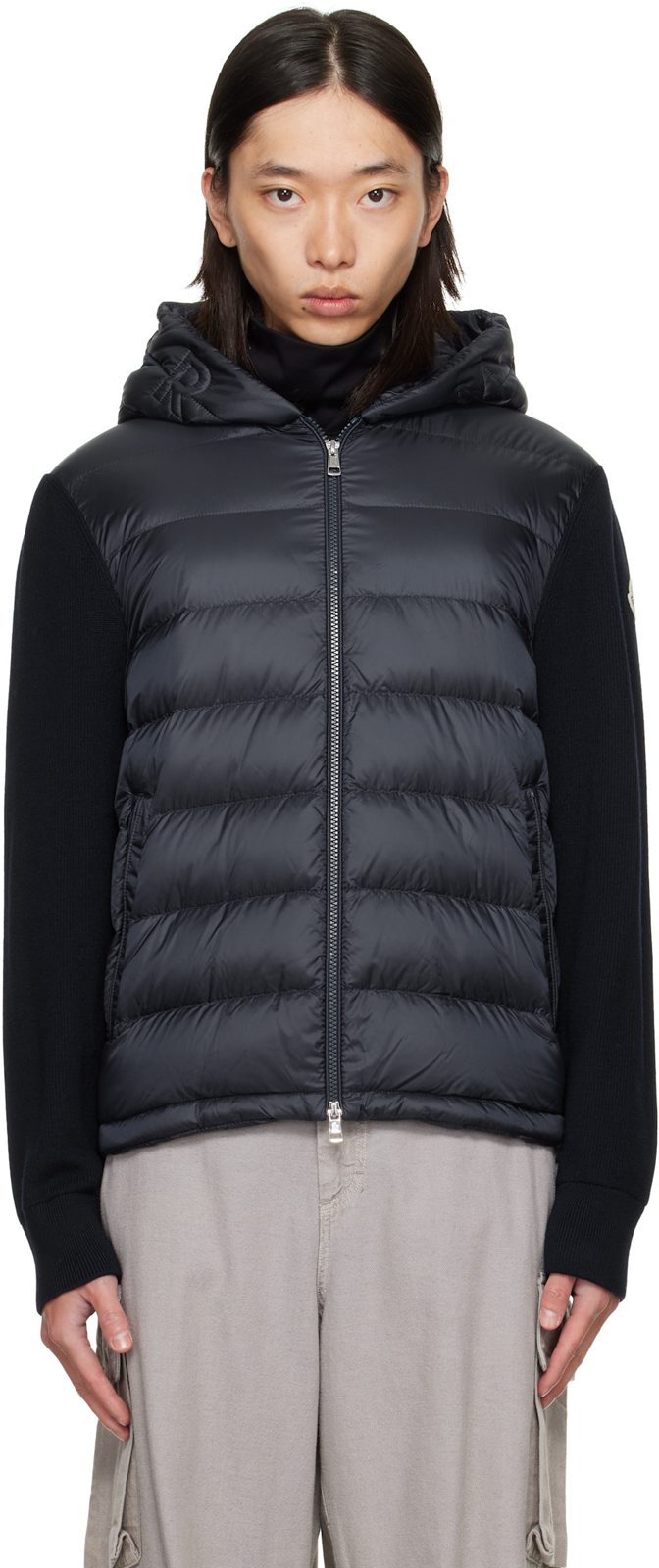 Navy Padded Wool Zip-Up Down Hoodie 252111M178007