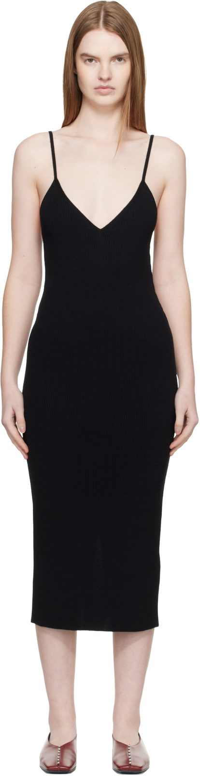 Black Merino Wool Fine Rib Midi Dress 261249F055004