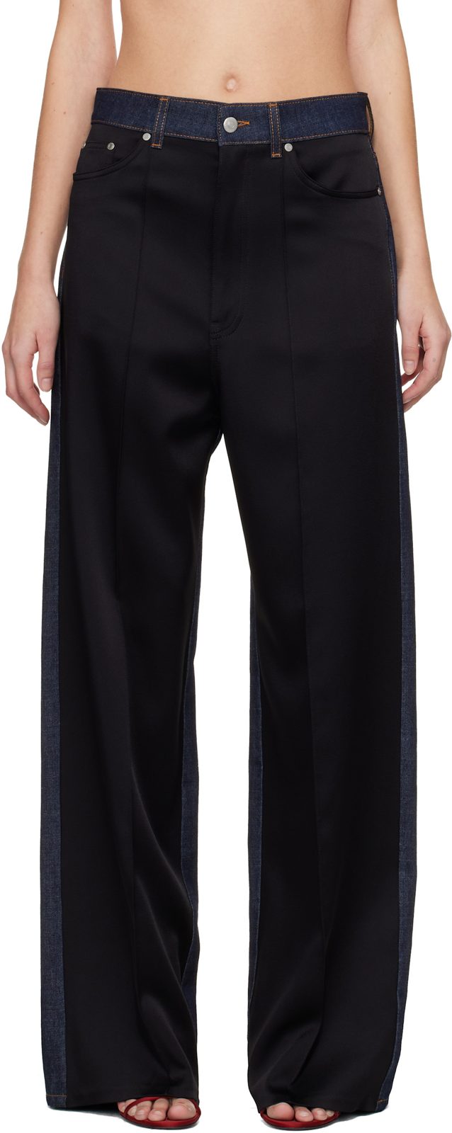 Navy & Black Wide-Leg Satin-Panel Jeans 261471F069003