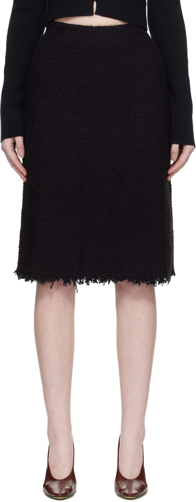 Black Frayed Edge Midi Skirt 261249F092000