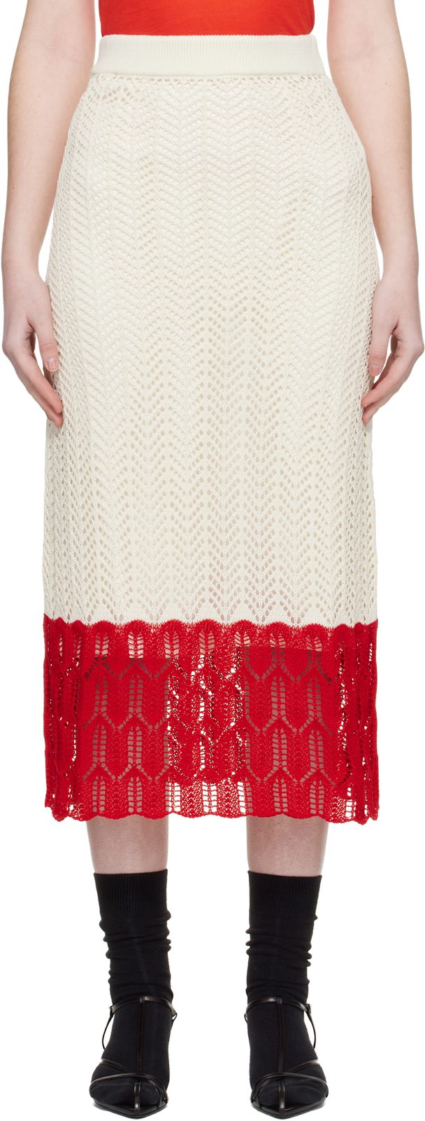 오프화이트 & Red Bicolor Lace Midi Skirt 261249F092001
