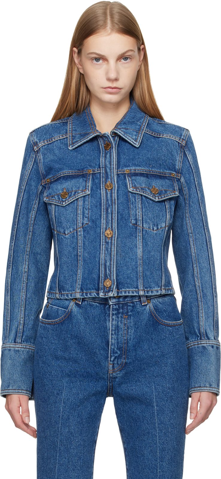 Blue Cropped Faded Denim Jacket 261251F060000