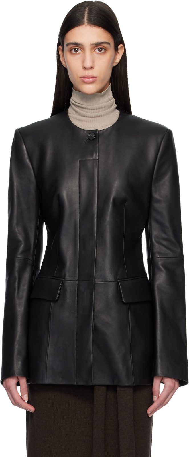 TOTEME Black Collarless Leather Jacket 261771F064001