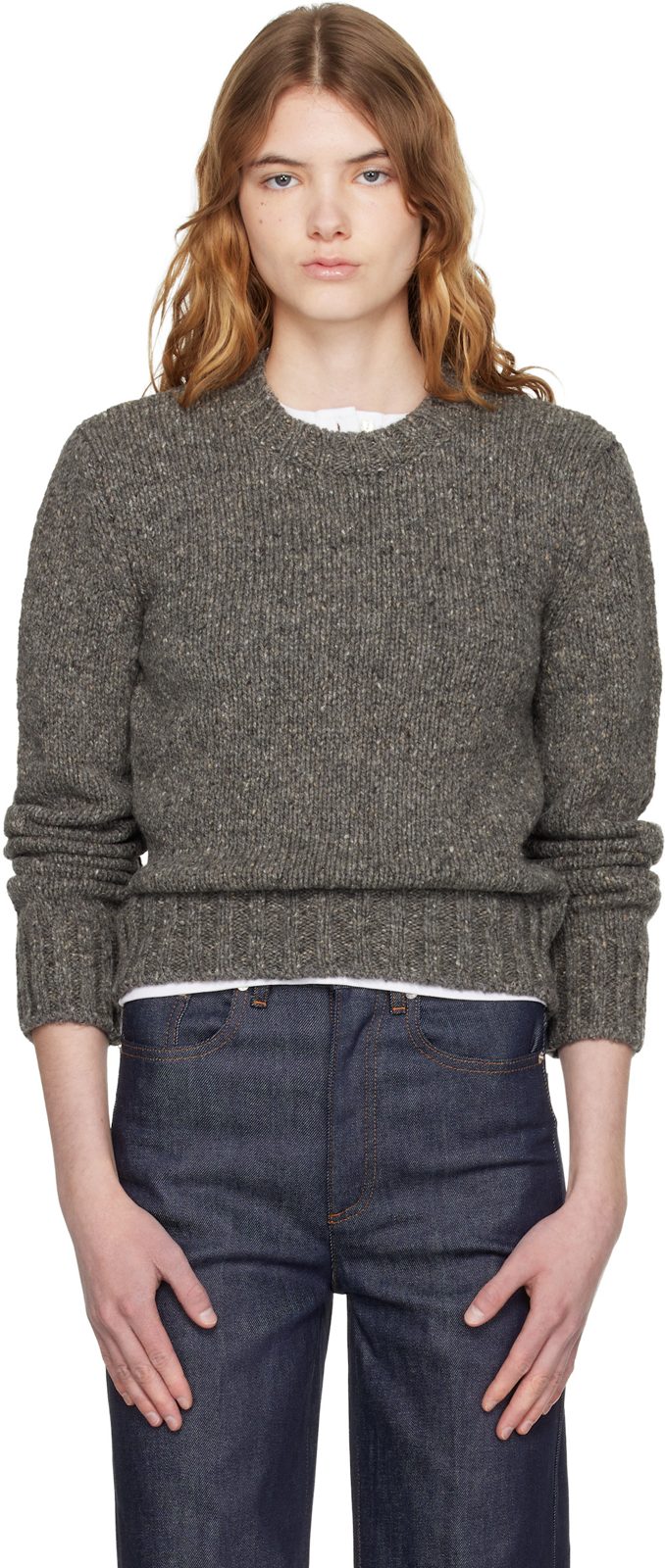 Gray Short Round Neck Sweater 261252F096001