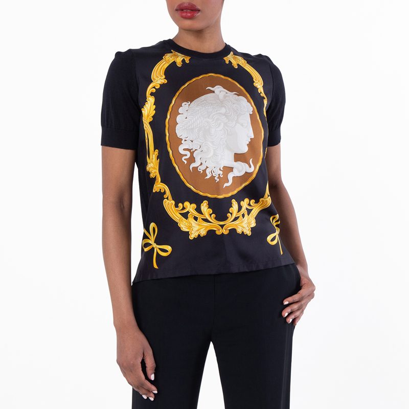 Cameo Silk-Foulard Wool Knit Top