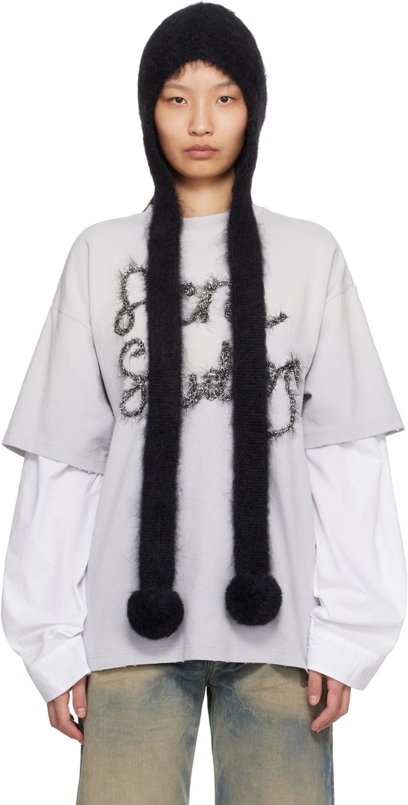 Black Mohair Earflap Hood 261129F014002