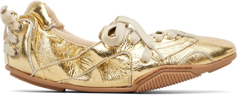 Gold Lace-Up Leather Sneakers 261129F128001