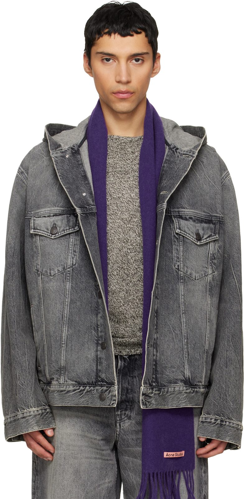 Gray Hooded Denim Jacket 261129M177001