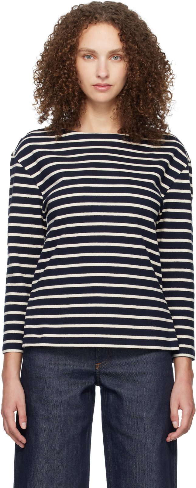 Navy Striped Three-Quarter Sleeve T-shirt 261252F110011