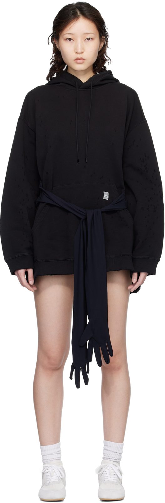 Black Hooded Glove Sweatshirt Minidress 261188F052003