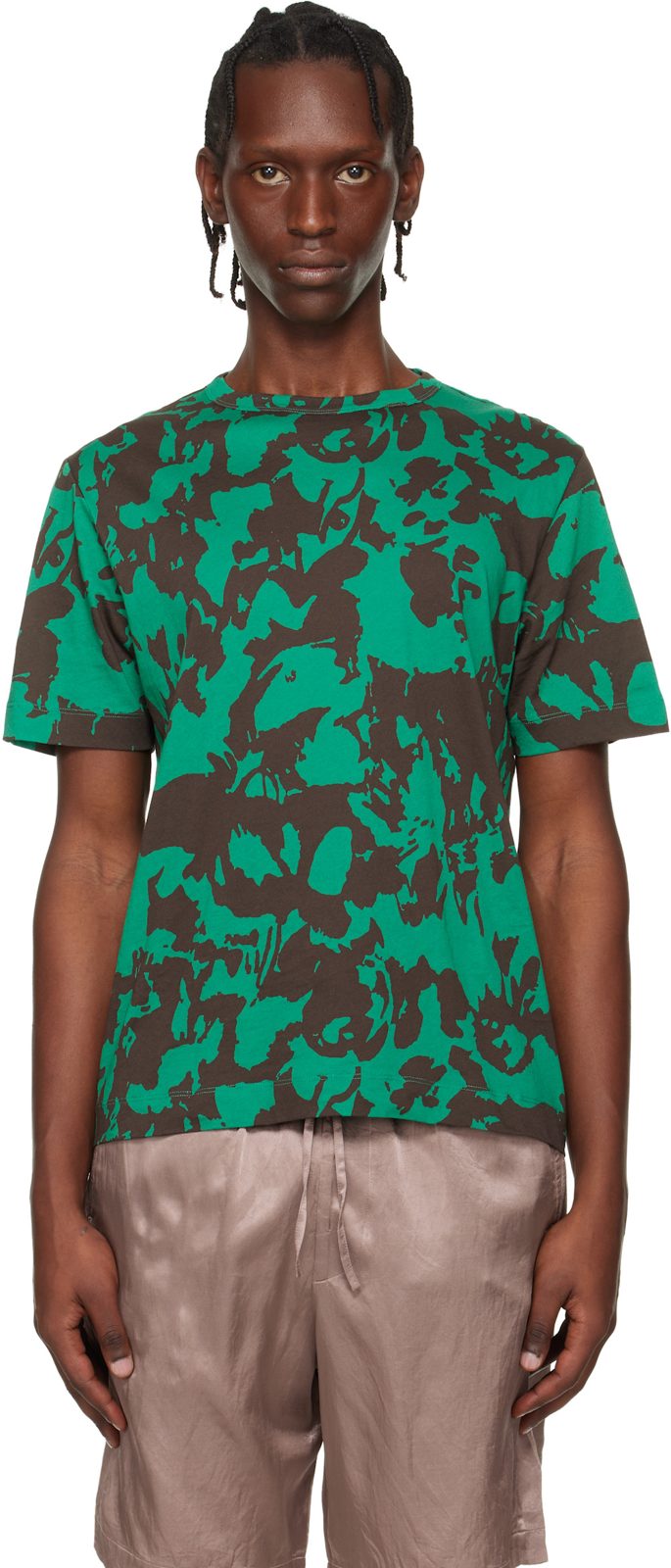 Green & Brown Printed Cotton T-shirt 261358M213009