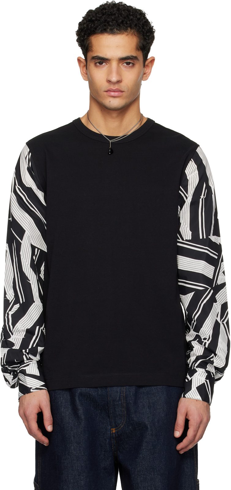 Black Poplin Sleeve T-shirt 261358M213018