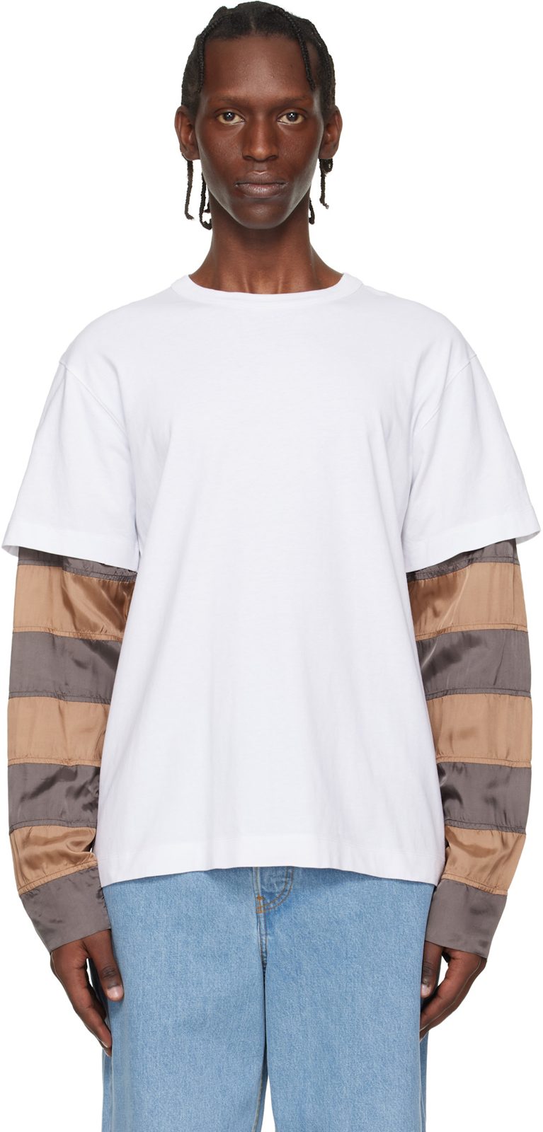 White Contrast Sleeves T-shirt 261358M213017