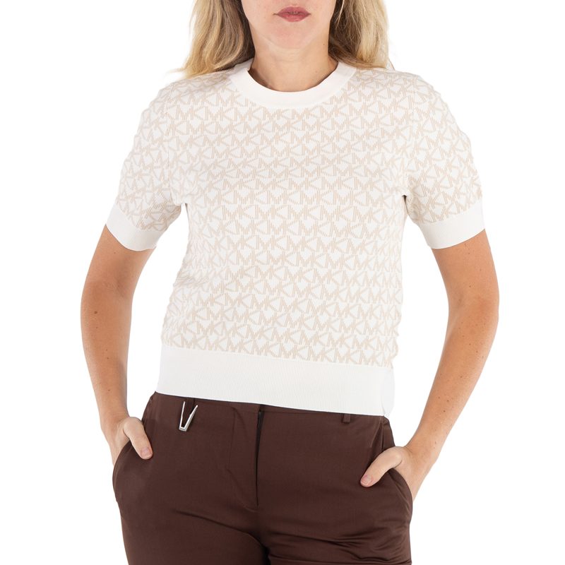 Michael Kors Ladies Bone Logo Jacquard Short-Sleeve Sweater
