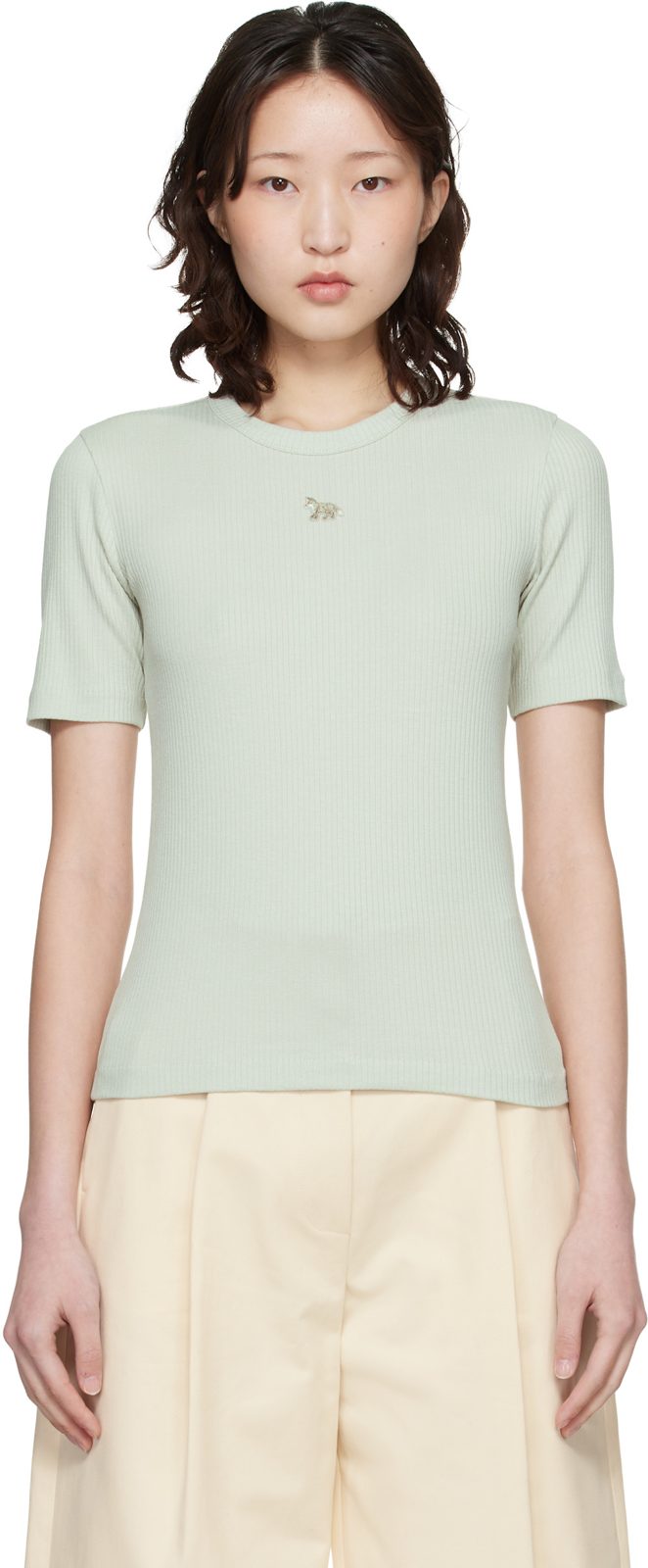 Maison Kitsune Green Baby Fox Ribbed Fitted T-shirt 261389F110029