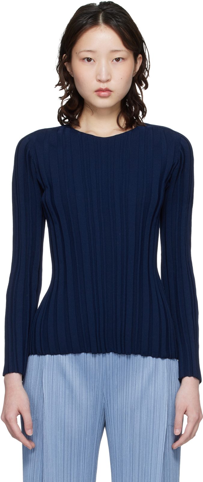 PLEATS PLEASE [이세이 미야케] Navy Rib Knit Top 261941F110010