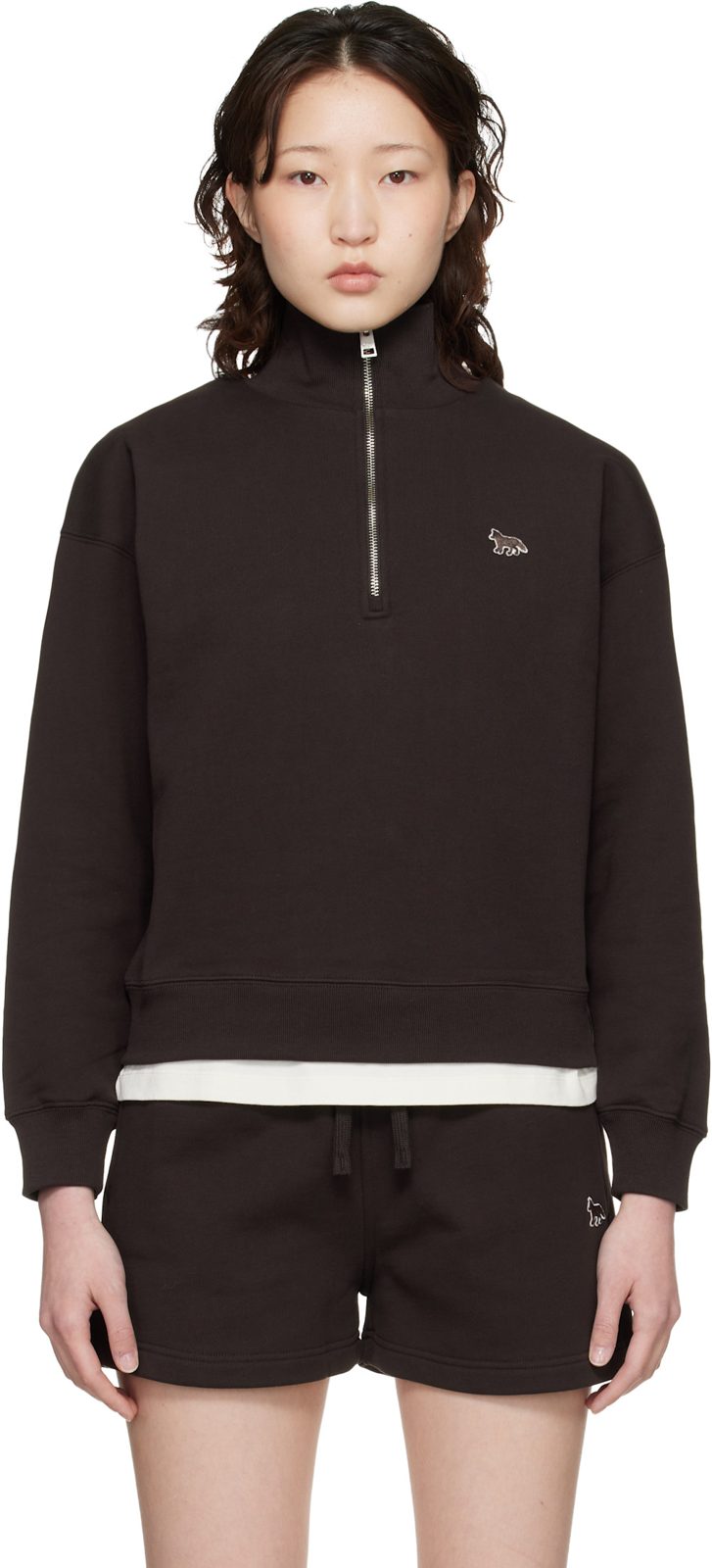 Maison Kitsune Brown Baby Fox Half Zip Sweatshirt 261389F099000