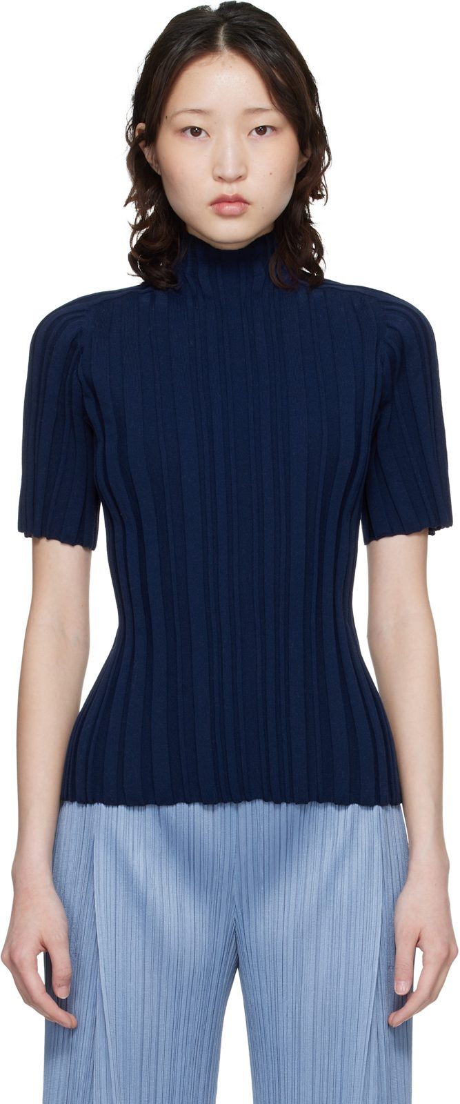 PLEATS PLEASE [이세이 미야케] Navy Rib Knit Turtleneck 261941F099013