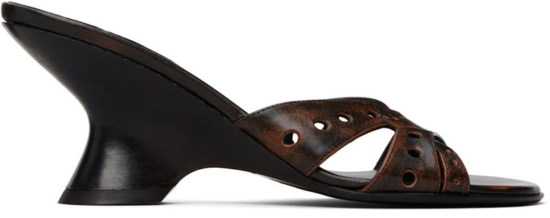 Black & Brown Leather Mule Heeled Sandals 261358F125001