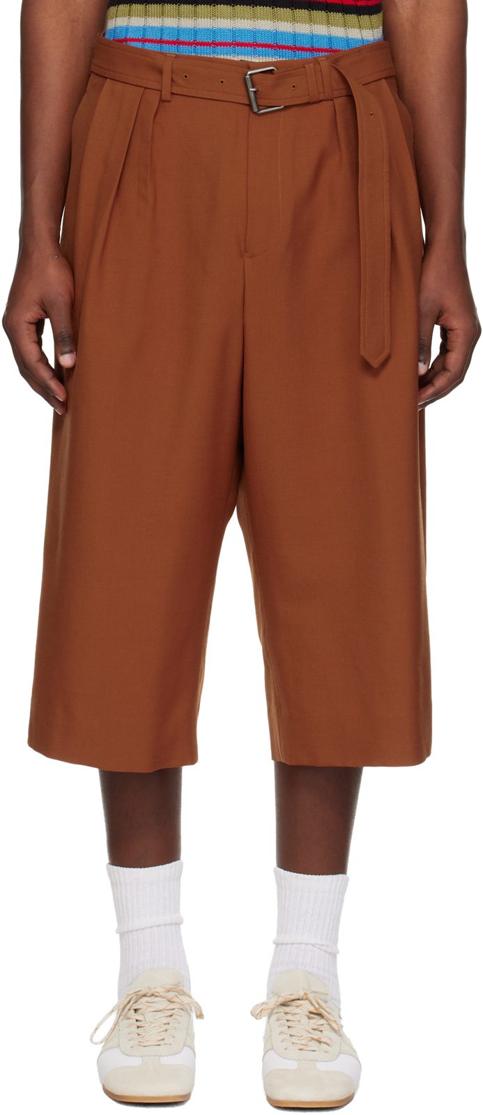 Orange Belted Wool Mohair Shorts 261358M193061