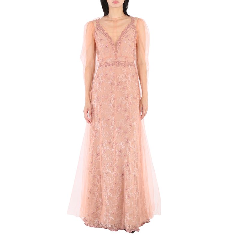 Floral-embroidered Puff-sleeve Dress In Dusty Pink
