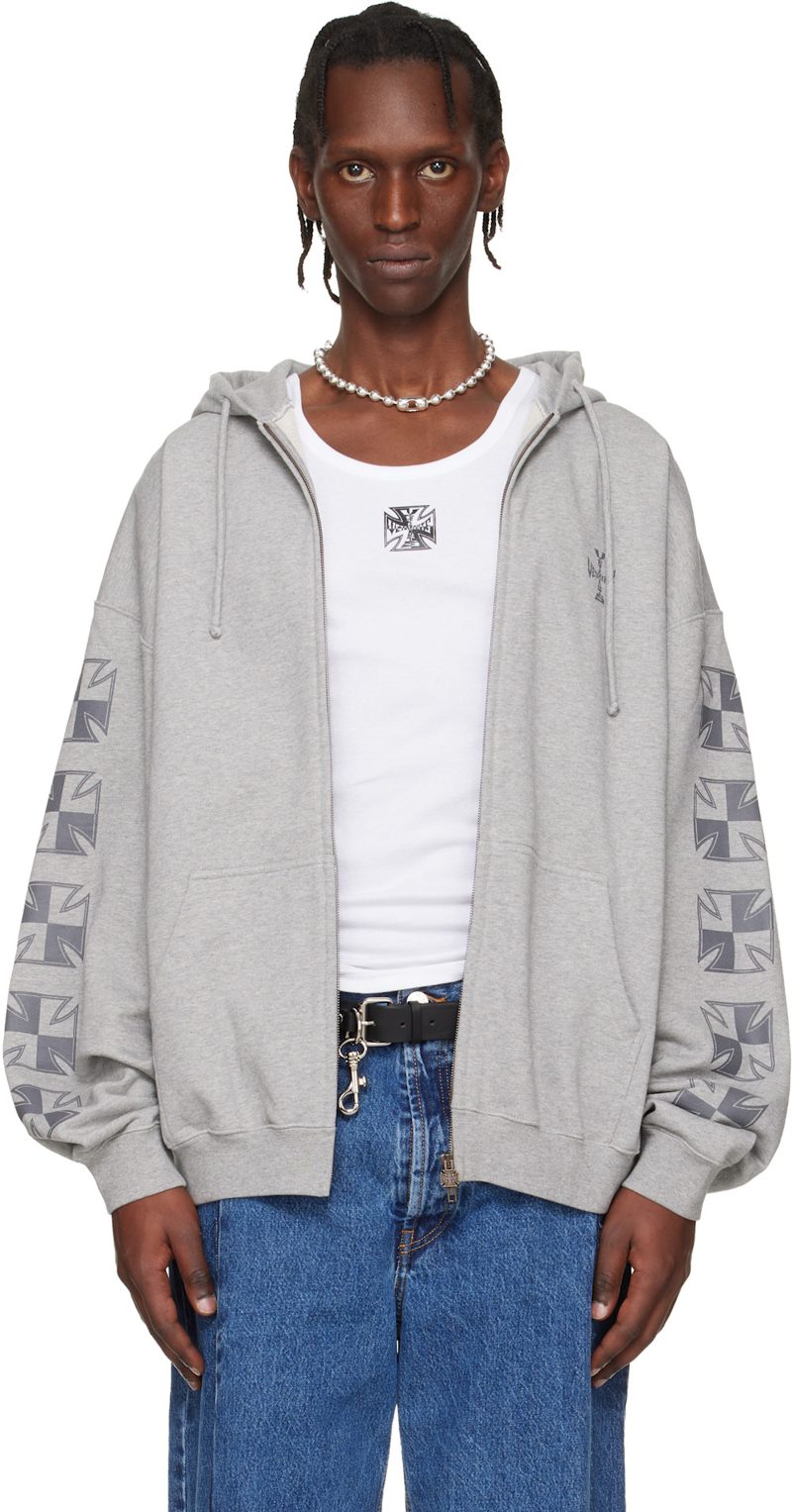 Gray Biker Cross Sleeves Zip-Up Hoodie 261669M202021