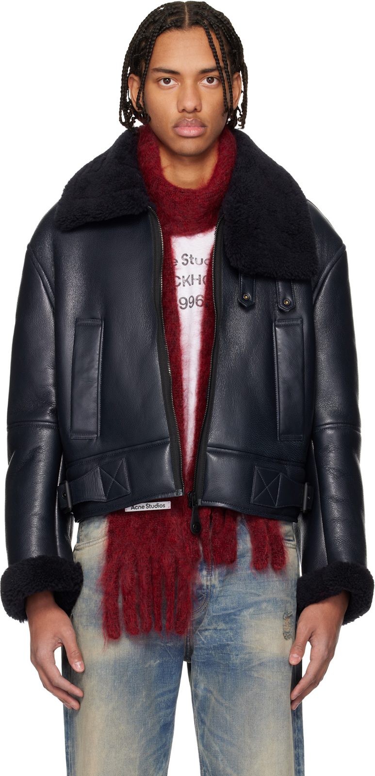 Navy Lambskin Shearling Jacket 261129M181000
