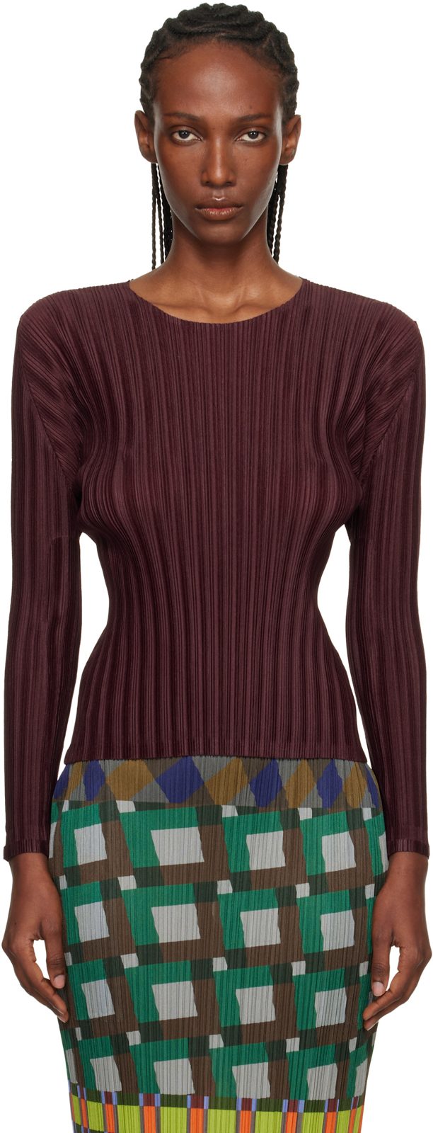 Pleats PLEASE [이세이 미야케] Burgundy Rib January T-shirt 261941F110024