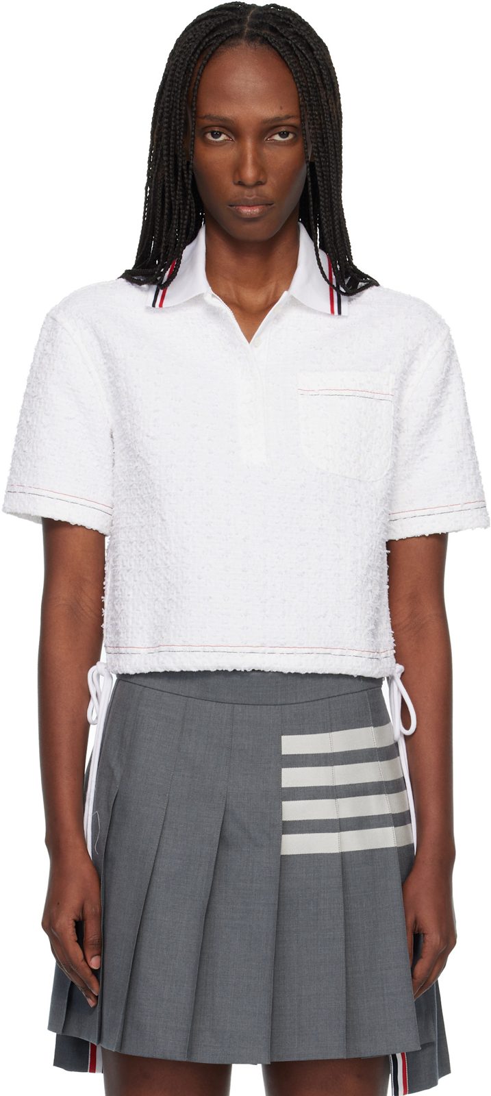 White Eyelash Ribbon Tweed Drawstring Hem Polo 261381F108004