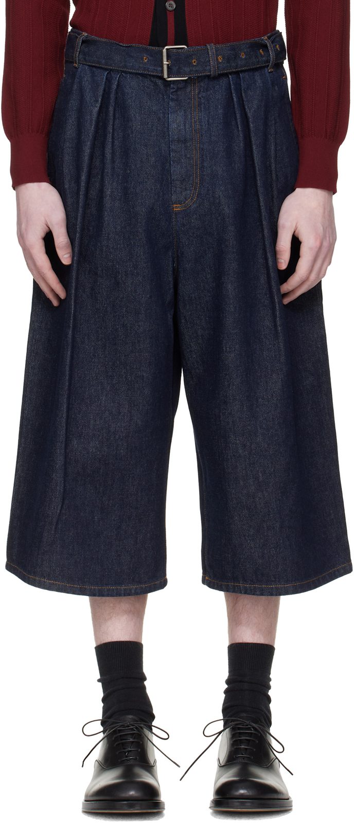 Navy Pleated Denim Shorts 261358M193022