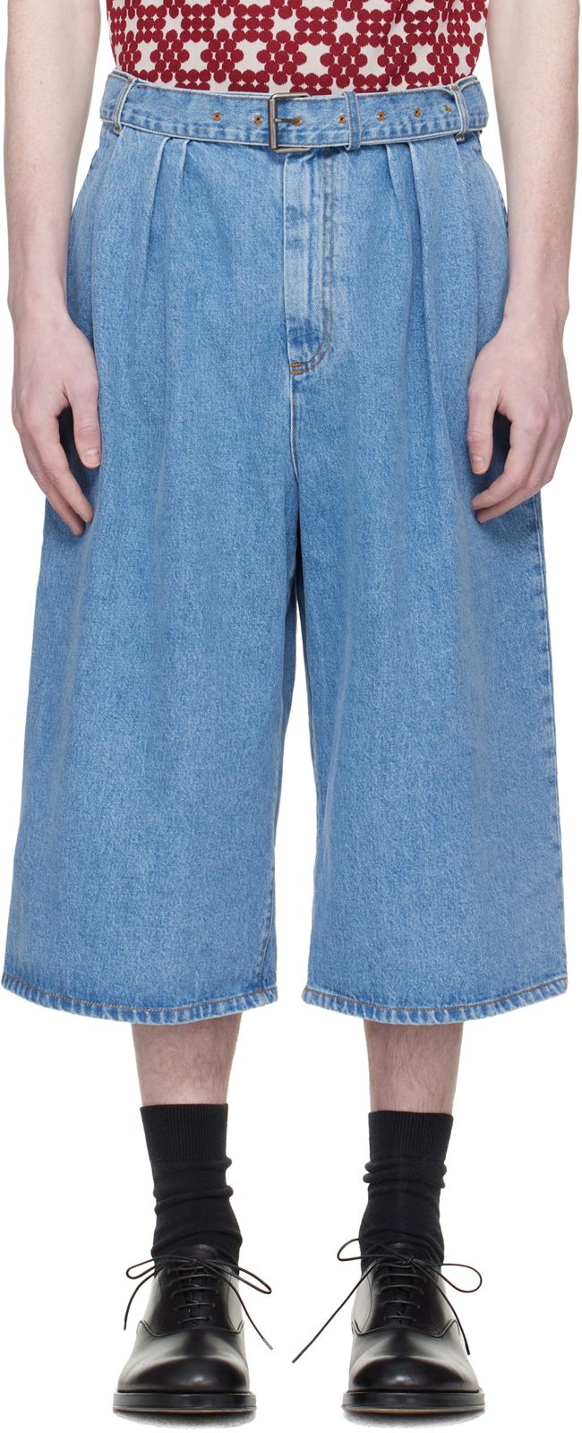 Blue Pleated Denim Shorts 261358M193021