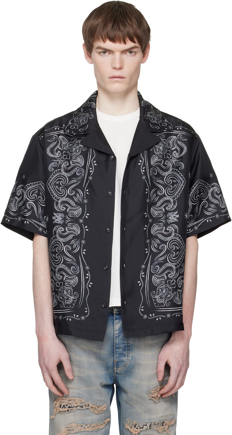 Black Bandana Paint Oversized Bowling Shirt 261886M192006