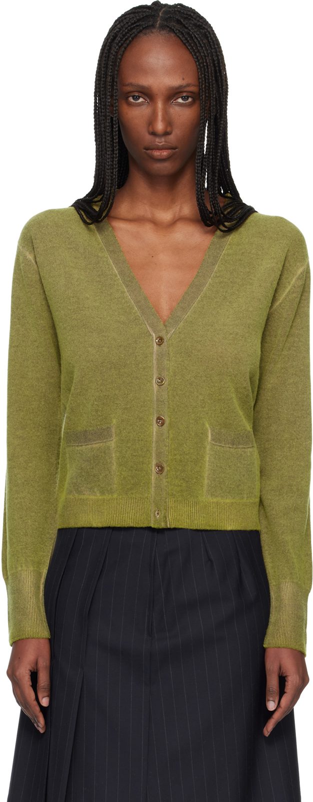 Green Virgin Wool V Neck Cardigan 261168F095000