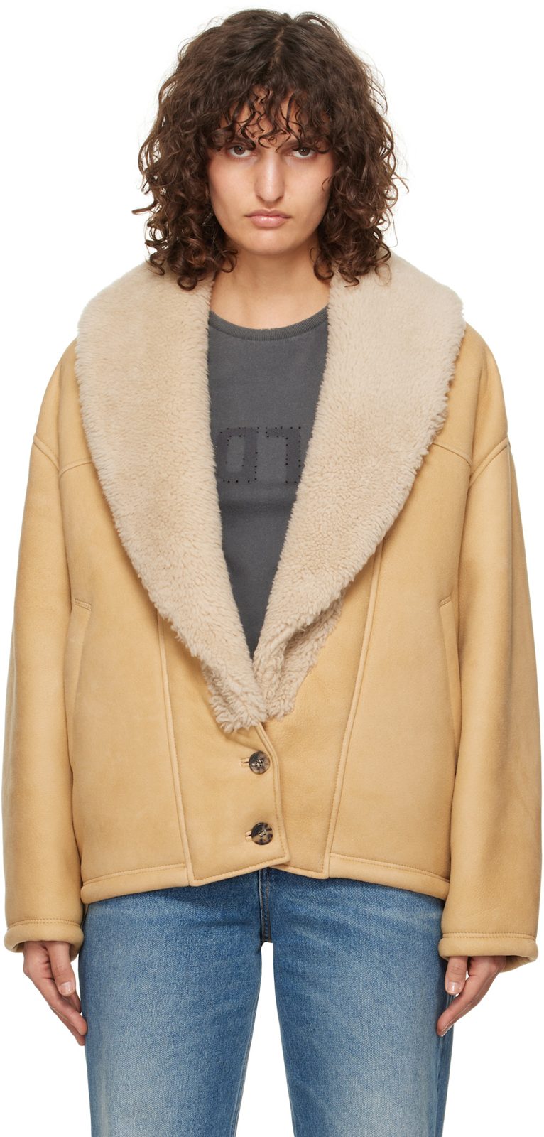 Tan Shawl Collar Shearling Jacket 242264F062000