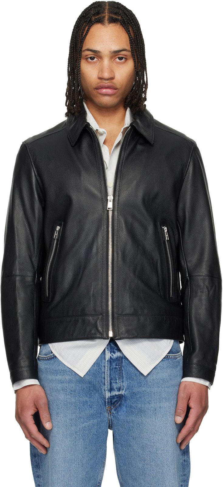 Black Regular Fit Leather Jacket 261085M181002