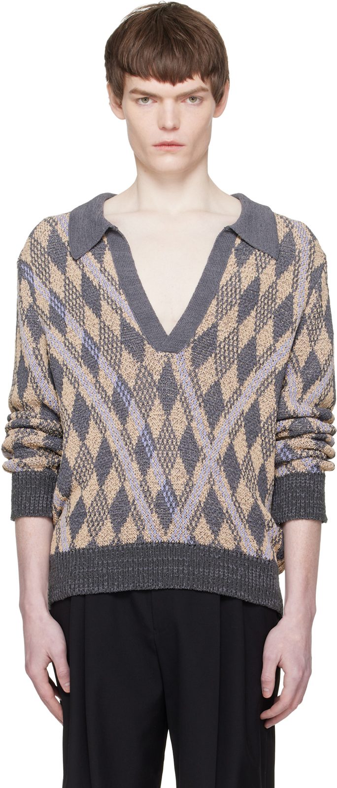 Gray & Beige Knit Polo 261358M212001