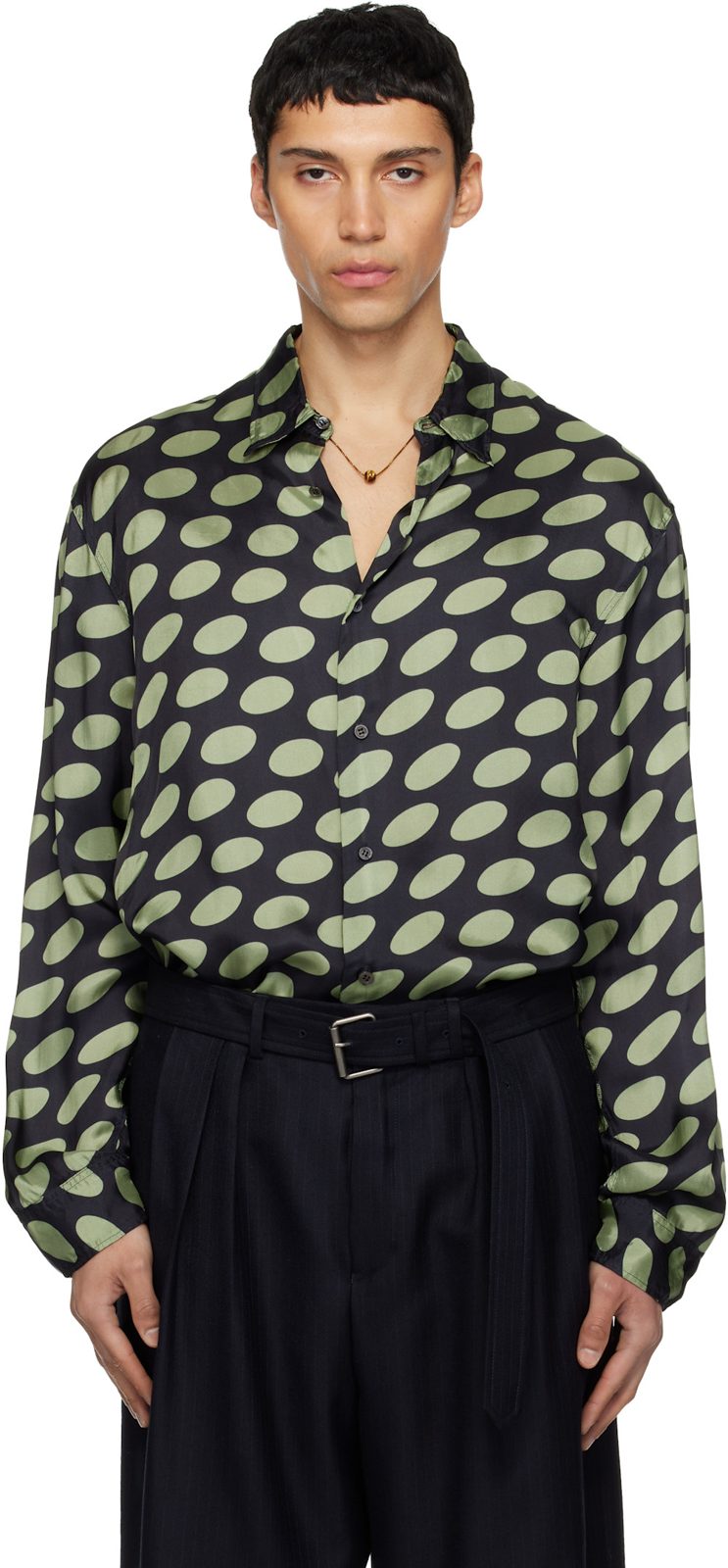 Black & Green Polka-Dot Satin Shirt 261358M192079