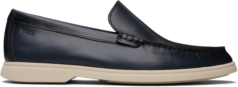 Navy EM[보스]ED-LOGO Leather Loafers 261085M231016