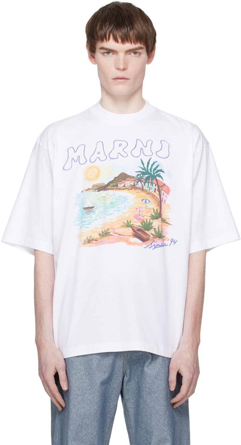 White Cotton Marni Beach Postcard Print T-shirt 261379M213006