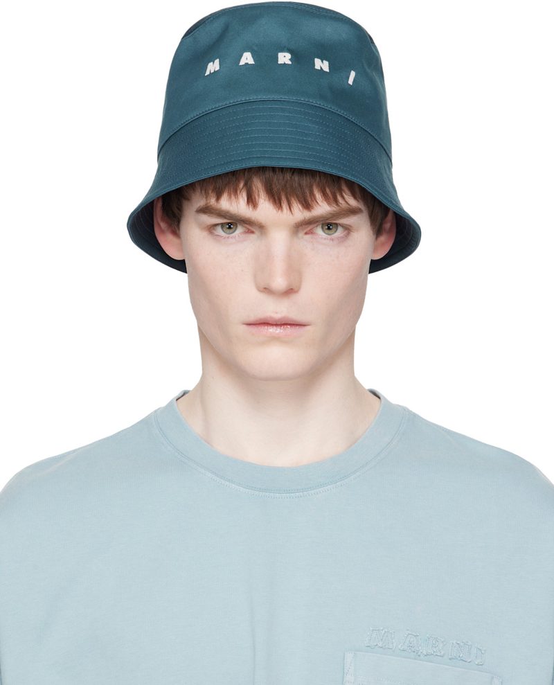 Marni Navy Embroidered Logo Water-Repellent Gabardine Bucket Hat 261379M140007