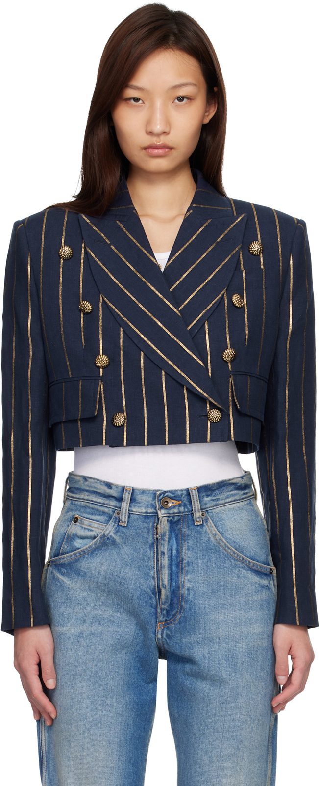 Navy Long Sleeve Cut Off Blazer 261314F057005