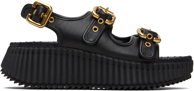 Chloe Black Nama Wedge Sandals 261338F124002