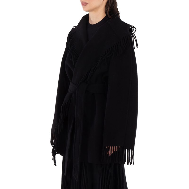 Ladies Black Fringed-Edge Hooded Cardi-Coat
